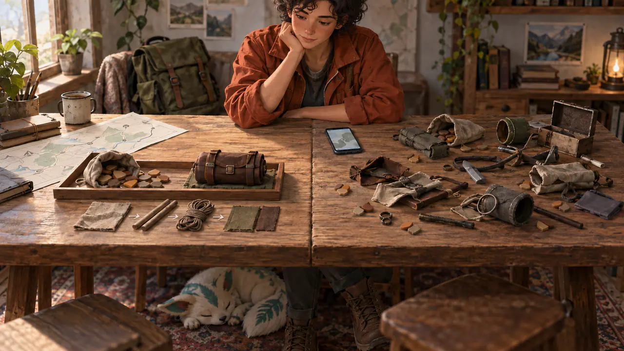 A planning table contrasts a tidy reserve for one chosen upgrade with resources scattered across unfinished objects