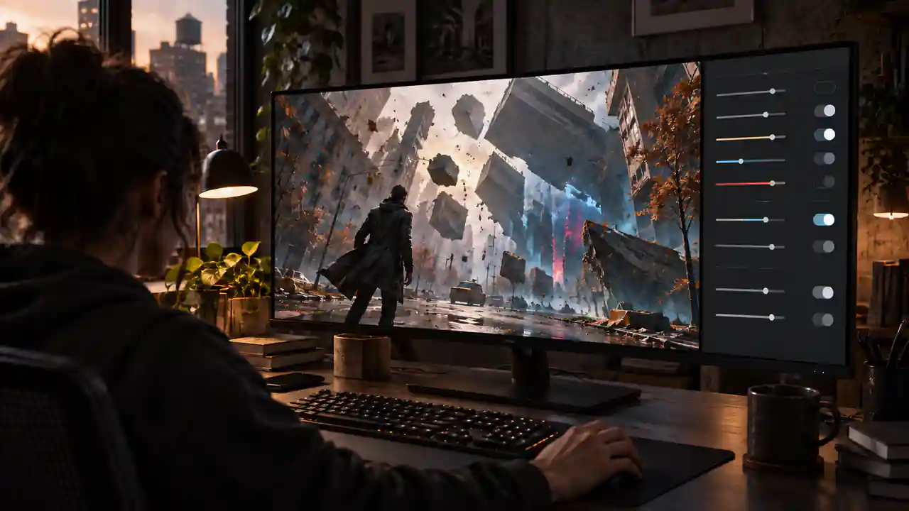 Player setting a restrained graphics baseline beside a fictional distorted Manhattan scene