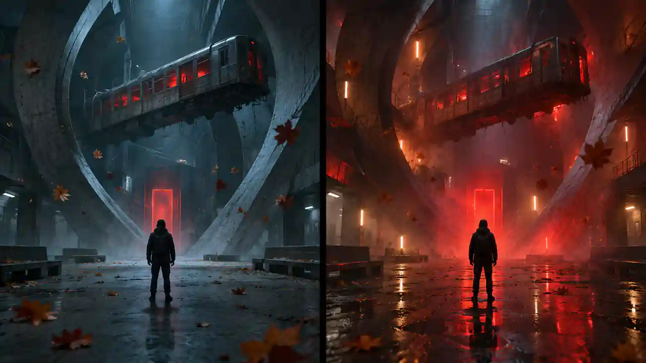 The same fictional brutalist transit concourse with restrained effects on one side and dense reflections, fog and lighting on the other