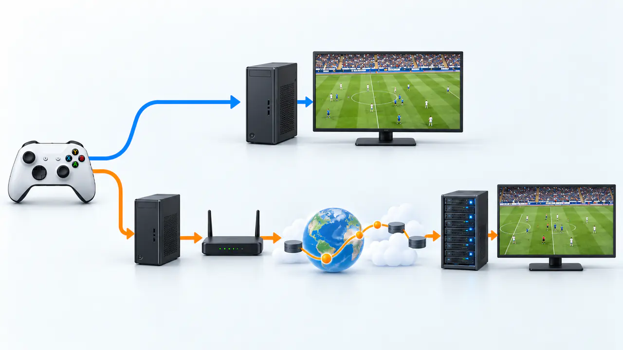 Controller signal split into a short local PC path and a longer router-to-server online path