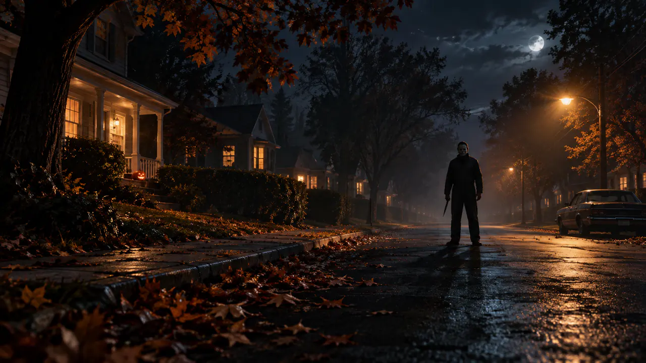 A masked killer standing under a streetlamp on a leaf-covered Haddonfield street at night