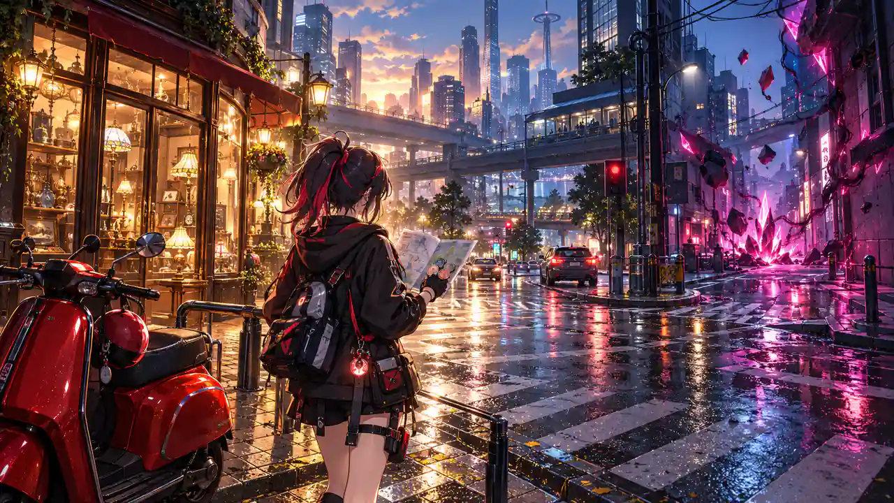 An original rookie Appraiser studies a map beside a red scooter at a rain-lit Hethereau intersection while a magenta anomaly glows down a side street