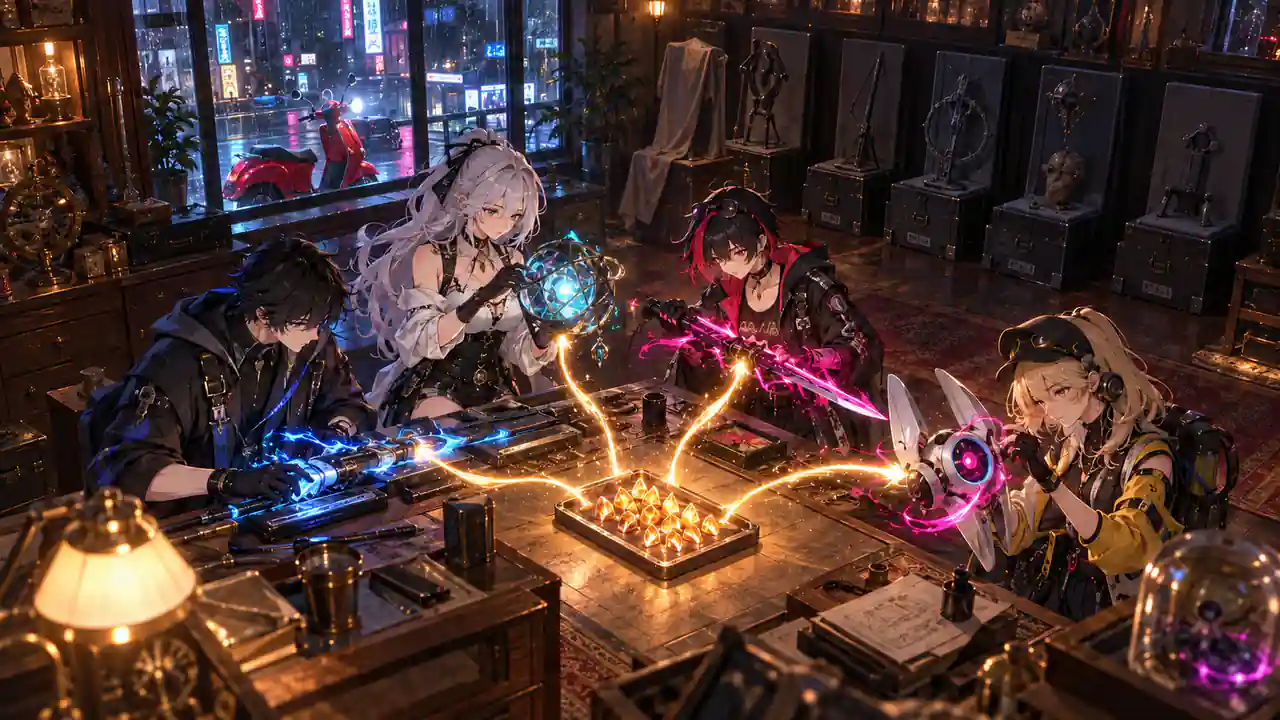 Four original Anomaly Hunters channel one tray of amber resources into four completed tools inside a rain-lit Hethereau antique workshop while six unfinished stations remain dark
