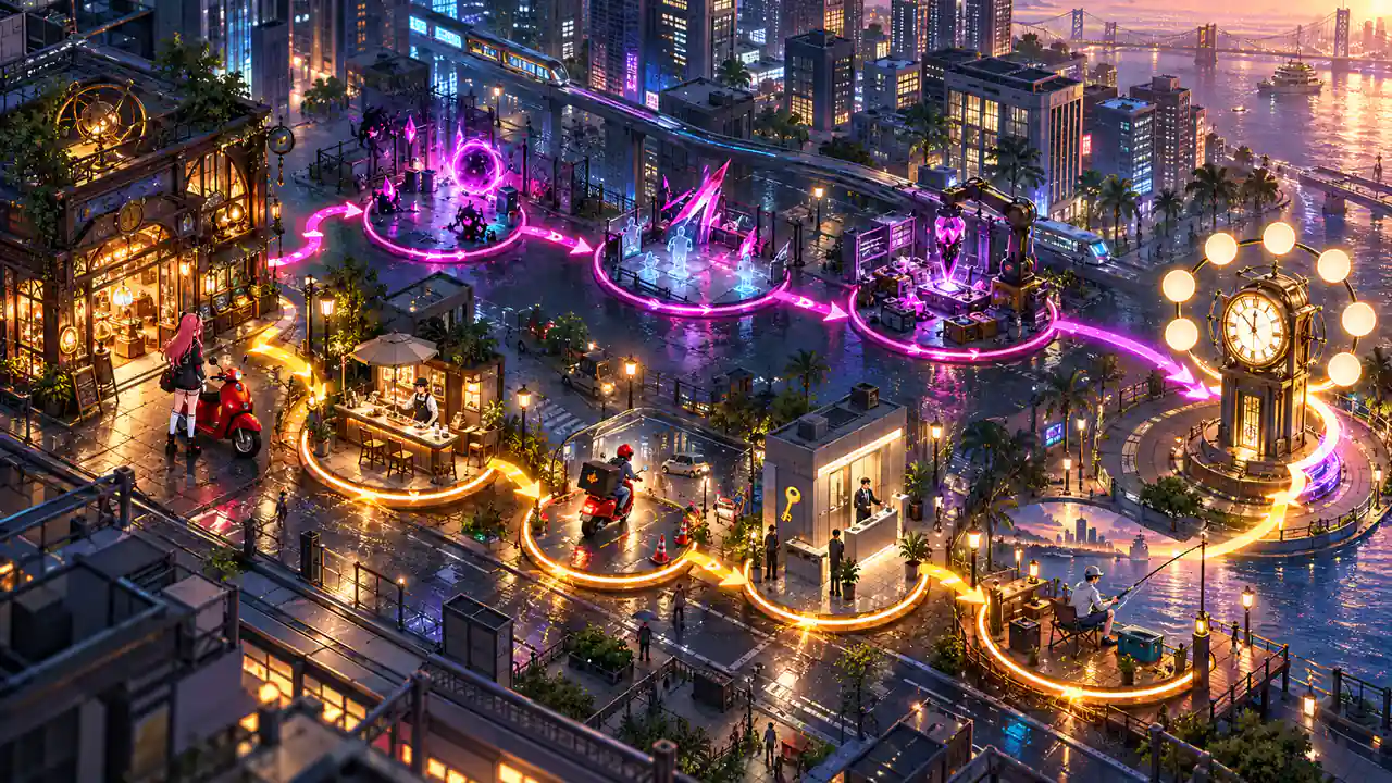 An isometric Hethereau city map separates a magenta combat route from an amber cafe, delivery, property, and waterfront route before both reach a seven-light weekly clock