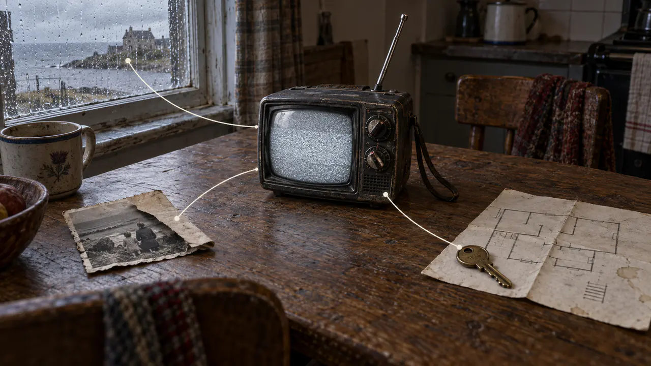 An illustrated portable CRT receiver links a window, old photograph, key, and floor sketch