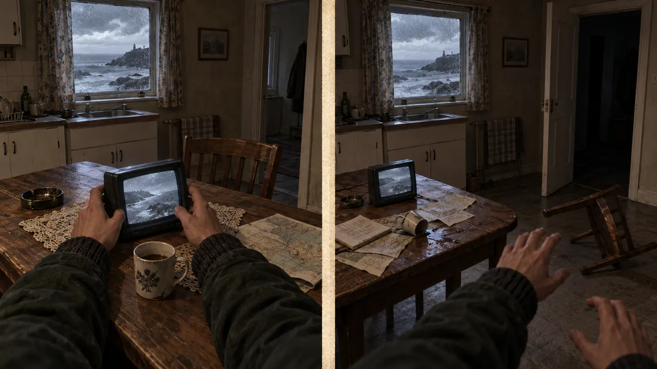 A two-panel illustration contrasts quiet signal investigation with a sudden retreat through the same coastal kitchen